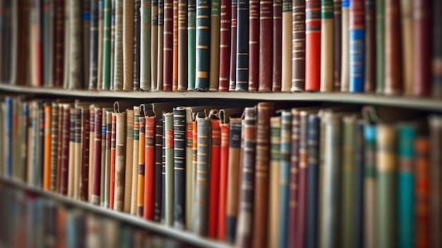 A row of books on a shelf with the word library on the bottom.