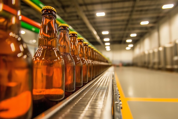 a row of bottles of beer are lined up on a conveyor belt