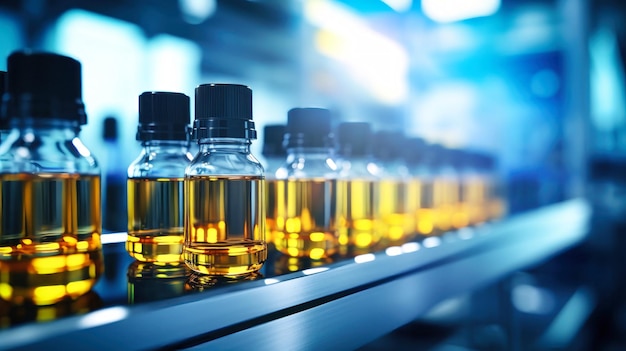 Row of Bottles Filled With Blue Liquid on a Production Conveyor Bottles with medicines on the conveyor Selective focus Closeup