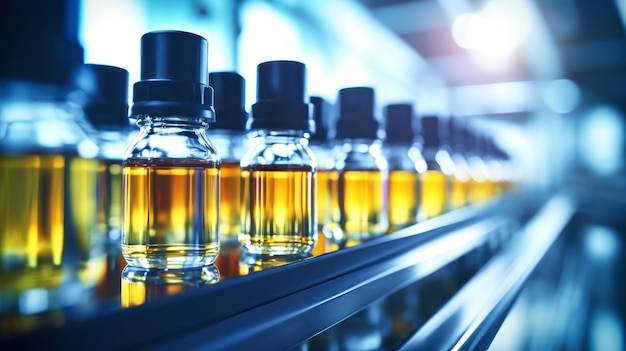 Row of Bottles Filled With Liquid on Conveyor Belt in Pharmaceutical Production Bottles with medicines on the conveyor Selective focus Closeup