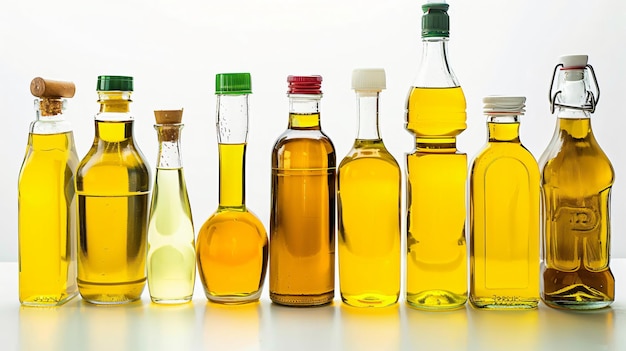 Photo a row of bottles of olive oil are lined up on a table