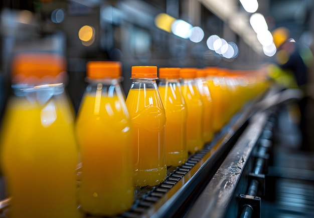 a row of bottles of orange soda are lined up on a conveyor belt