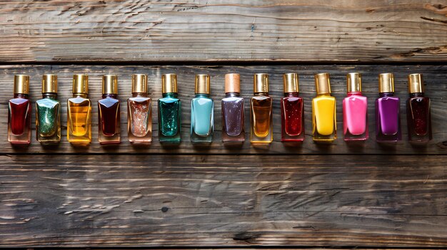 Photo a row of bottles of perfume are lined up on a wooden board