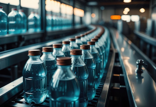 a row of bottles with blue liquid on the side