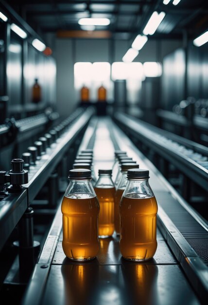 a row of bottles with orange liquid on a conveyor belt