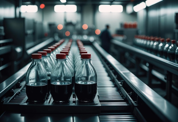 a row of bottles with red caps and red caps are lined up on a conveyor belt