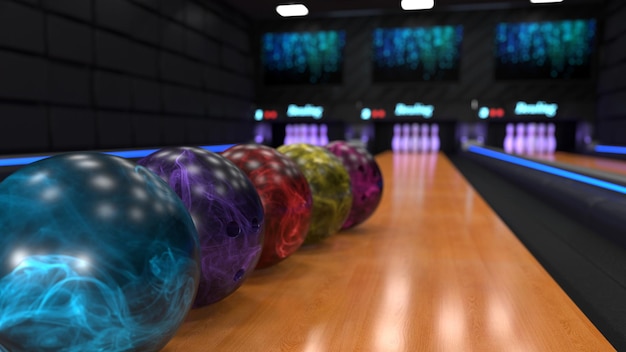 A row of bowling balls on a bowling alley with a sign that says'bowling alley '