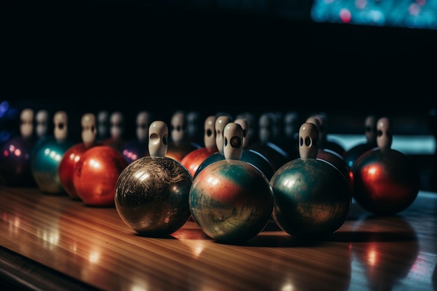 A row of bowling balls on a table with the word bowling on the side.