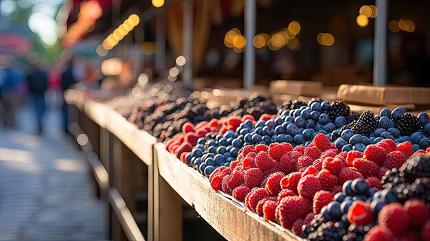 Photo a row of bowls of cereal are on a table with a bunch of blueberries in them