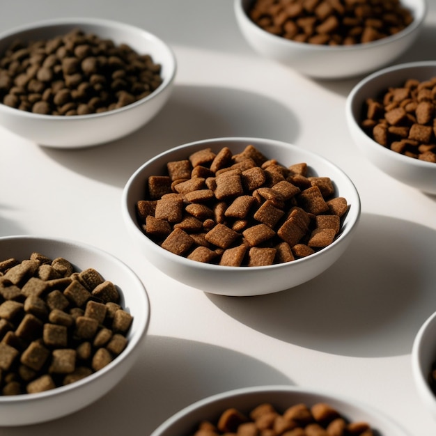 Photo a row of bowls of dog food are on a table