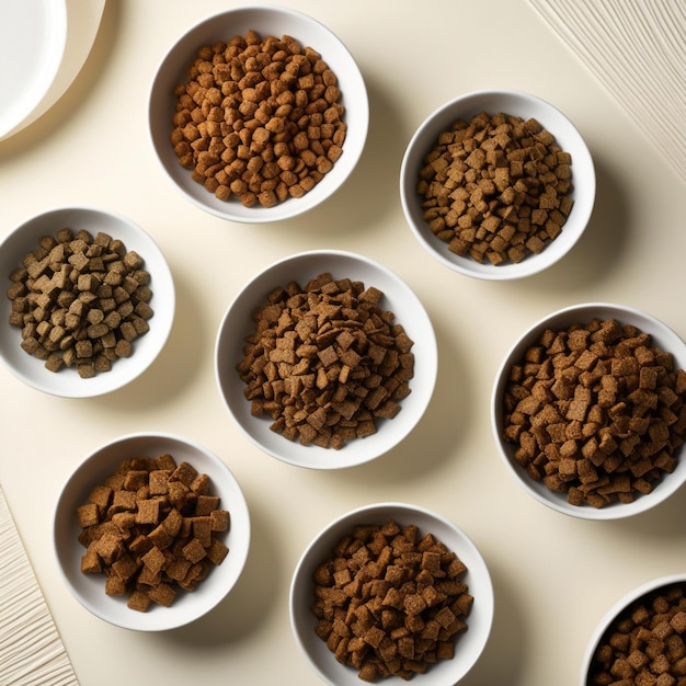 Photo a row of bowls with the dog food in them