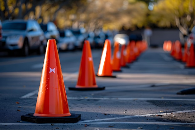 Photo a row of bright orange traffic cones in a parking lot