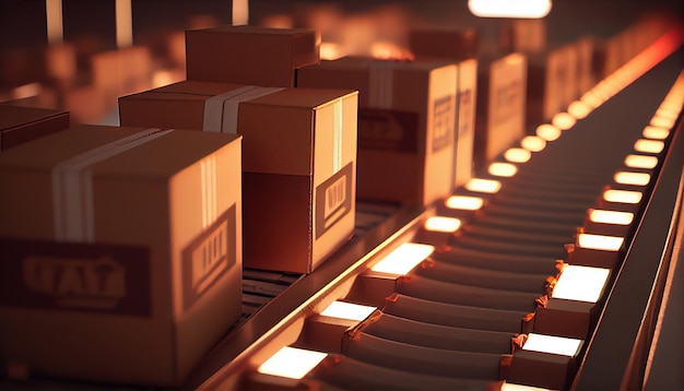 Row of brown boxes on conveyor belt in a big warehouse