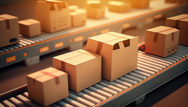 Row of brown boxes on conveyor belt in a big warehouse