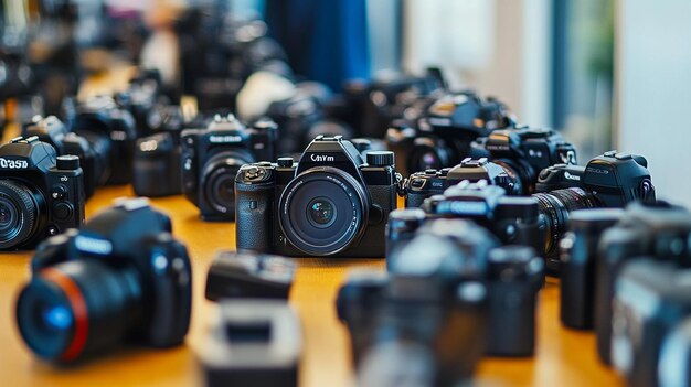 Photo row of cameras on a table showcasing modern photography equipment and gear