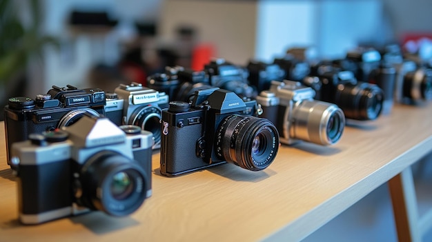 Photo row of cameras on a table showcasing various styles and brands for photographers and enthusiasts