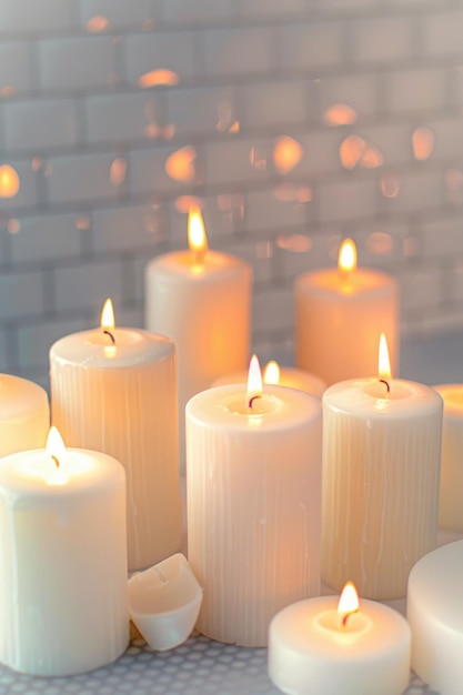 A row of candles are lit and arranged in a row