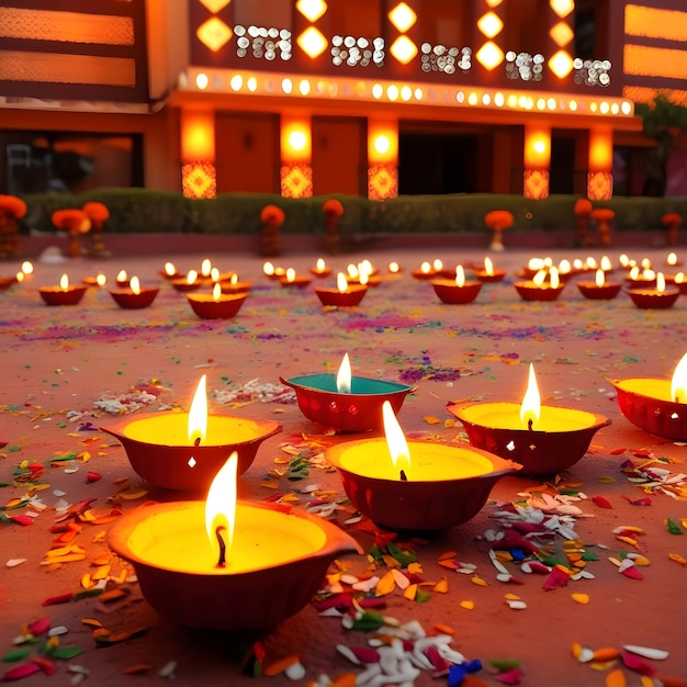 Photo a row of candles with a temple in the background