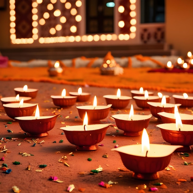 Photo a row of candles with a temple in the background