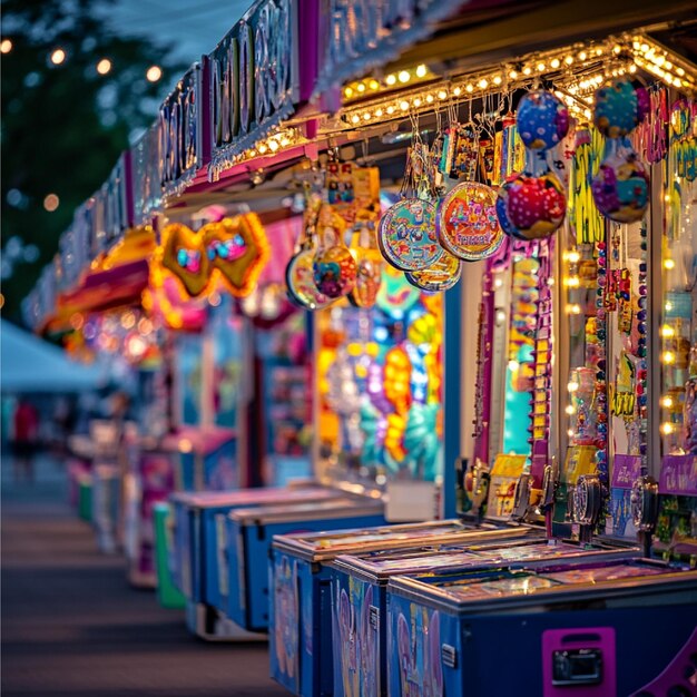 Photo a row of carnival game booths each with colorful prizes hanging in the background