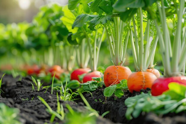 A row of carrots and radishes growing in a garden