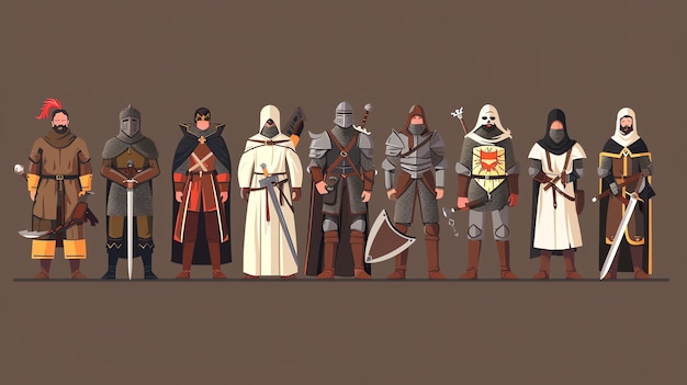 Photo a row of cartoon medieval knights each wearing different armor and holding various weapons