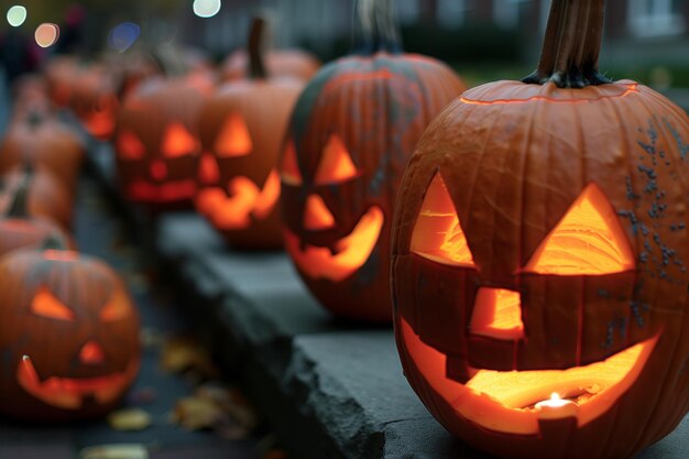 A row of carved pumpkins illuminated from within