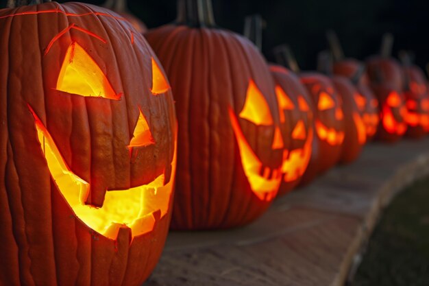 A row of carved pumpkins illuminated from within