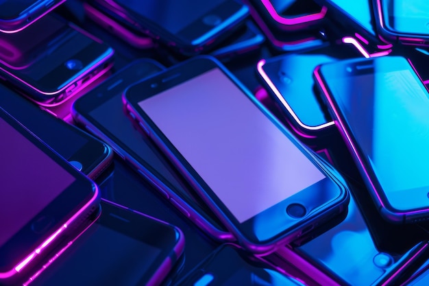 a row of cell phones with the blue lights behind them