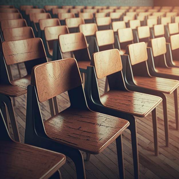 A row of chairs in a classroom with the word " on the back "