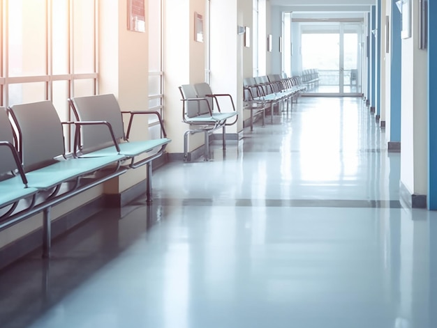 A row of chairs in a hospital corridor with a blue cushion.