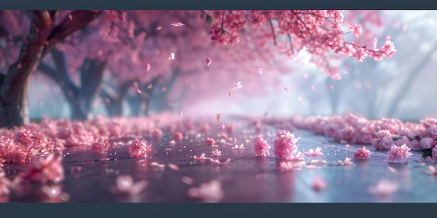 Photo row of cherry blossom trees petals dancing in the wind