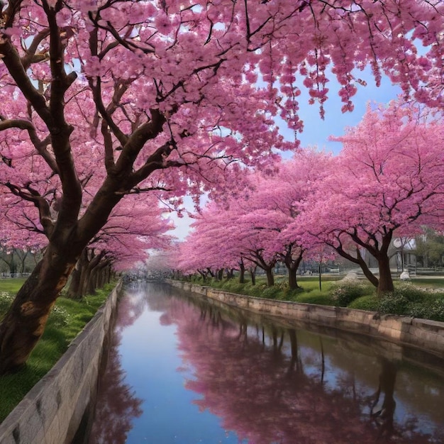 a row of cherry trees with pink blossoms in the middle