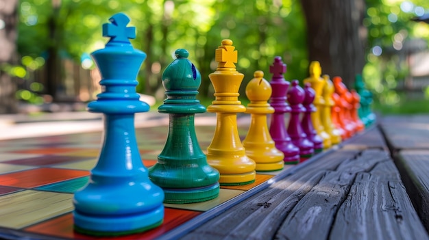 Row of chess pieces on checkered board The second image features a row of colorful chess pieces on a large checkered board outdoors providing a unique perspective