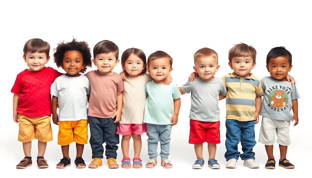 A row of children standing together isolated with white highlights