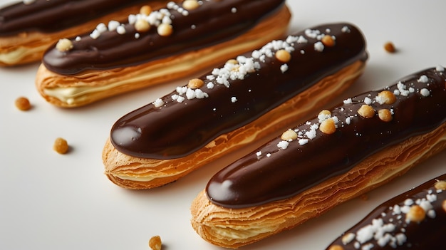 Photo a row of chocolate covered donuts with chocolate frosting and sprinkles