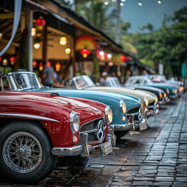 Photo a row of classic red blue and white vintage cars parked on a cobblestone street