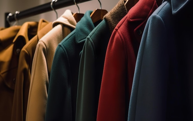 A row of coats hang on a rack, one of which is red, one of which is red and the other is blue.