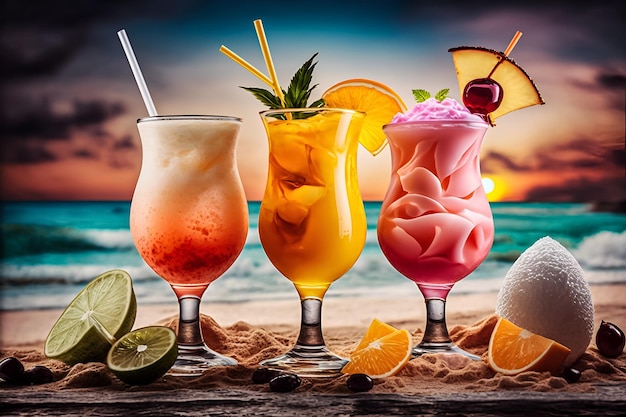 A row of cocktails on a beach with a sunset behind them.