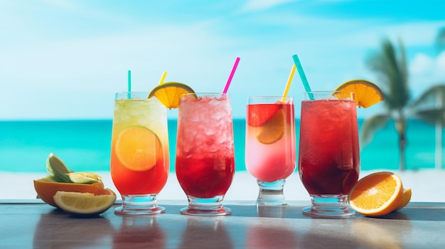 A row of cocktails with a beach in the background