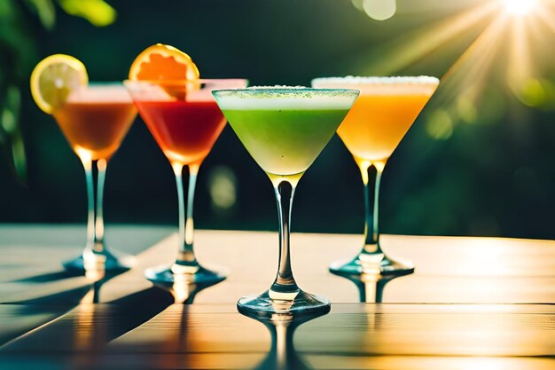 a row of cocktails with different colored cocktails on a table.