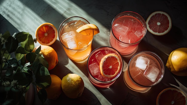 A row of cocktails with oranges and lemons on a table.