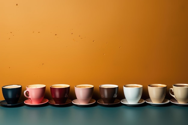 Photo a row of coffee cups with one that says  coffee  on the bottom