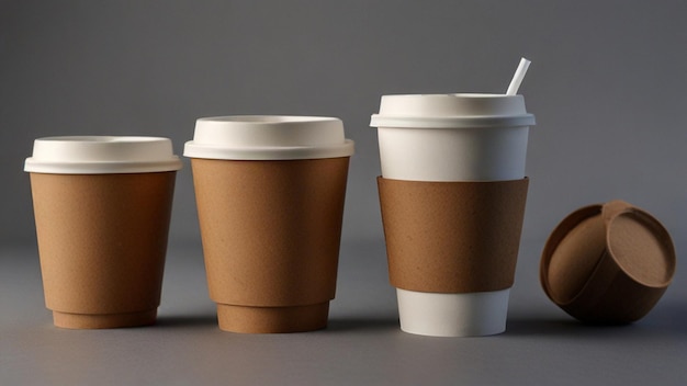 a row of coffee cups with a straw in the middle