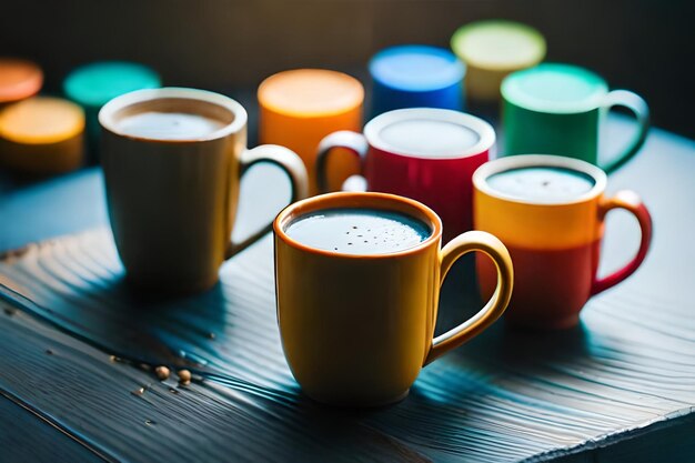 a row of coffee mugs with the word coffee on the bottom