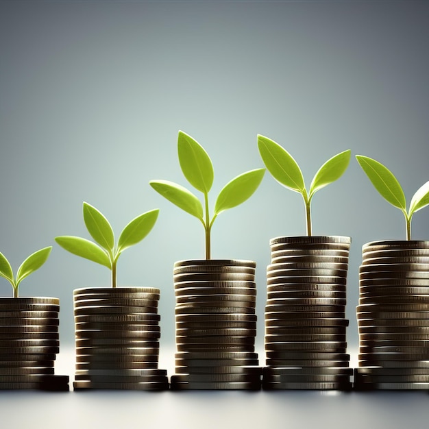 A row of coins with plants growing out of them.