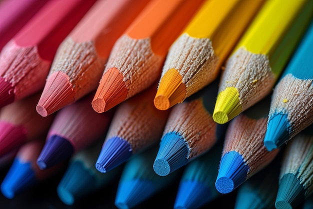 Row of colored pencil The pencils are arranged in a rainbow pattern