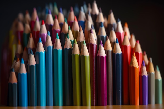 Row of colored pencils sitting on top of wooden table next to each other Generative AI