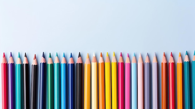 A row of colored pencils with one yellow and one blue