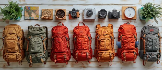 Photo a row of colorful backpacks ready for adventure